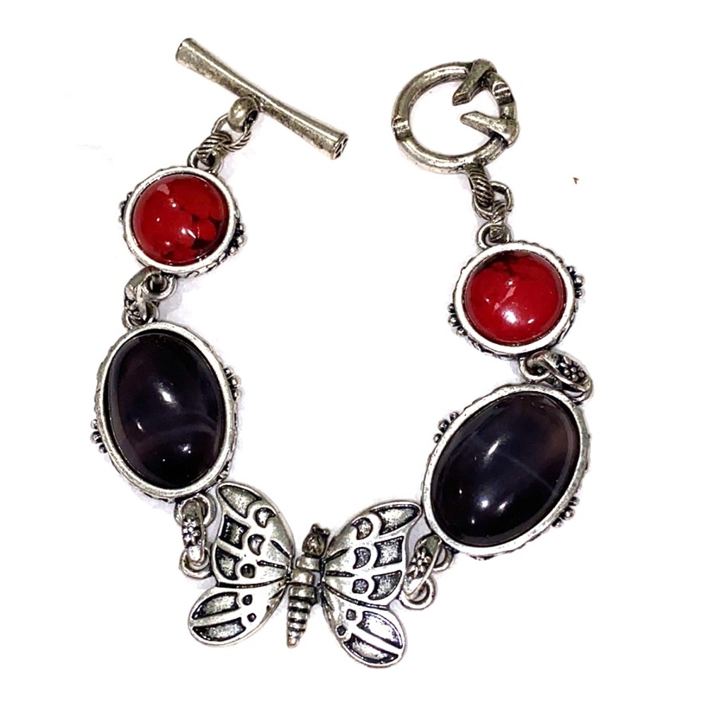 Ladies 8” Butterfly & stone silver bracelet with toggle lock